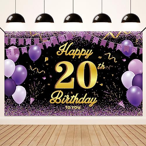 Koliphy 20. Geburtstag Deko, 20. Happy Birthday Banner für Männer Frauen, Schwarz Lila Stoff 20 Geburtstagsbanner Hintergrund Party Dekoration Drinnen und Draußen