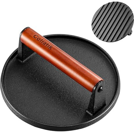 Coliatik Burgerpresse, 18 cm, rund, robustes Gusseisen-Set, Smashpressen mit Holzgriff, perfekt für Grill, Grill und Sandwich-Kochen