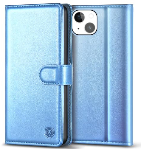 Kuafcase Compatible for iPhone 14 Plus Case with 4 Card Slots Magnetic Closure Kickstand Shockproof Protective Phone Case Compatible for iPhone 14 Plus - Sky Blue