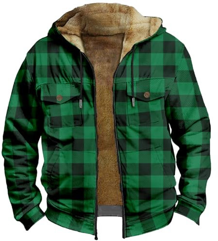 Generisch Winter Jacket Men, Herren Kariert Warm Wattiert Jacke Holzfällerhemd Atmungsaktiv Dicke Vintage Plaid Freizeitjacke Herbst Mit Kapuze Holzfäller Flanell Thermohemd Workwear (XL, Grün)