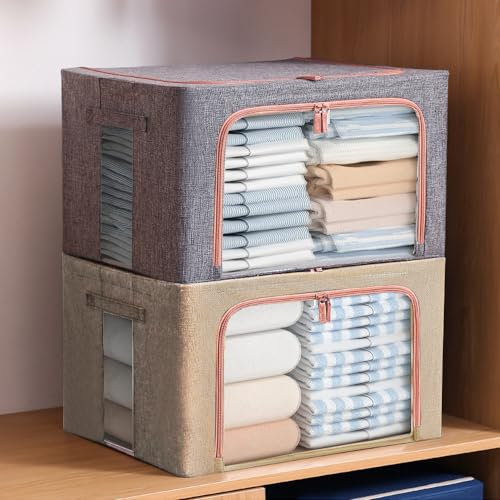 HEKOBAG 2 Pack Large Capacity Clothes Storage Bag Organizer with Handle - Storage Bins with Metal Frame - Stackable & Foldable - with Zipper & Clear Window for Bedroom, Closet, Bedding, Linens - 24L