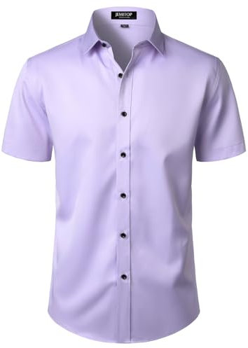 JEMITOP Men's Stretch Wrinkle Free Dress Shirts Formal Wedding Prom Short Sleeve Slim Fit Button Down Shirt, Lavender Purple, Medium