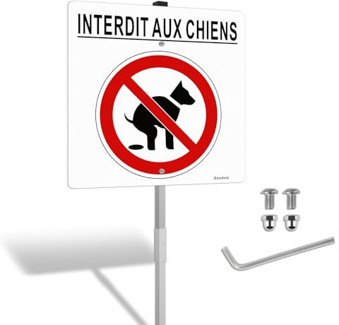 Goodvia Panonceau Interdit Aux Chiens 30x30cm aluminium avec colonnes 90cm, Réfléchissant panneau chien crotte Convient pour l'extérieur