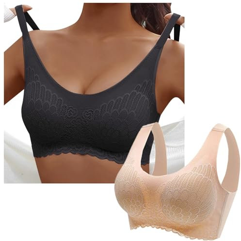 Sunnyuk 2er Pack BH Damen Ohne Bügel Push Up Seamless Komfort Sport BH Gepolstert Spitzen Bra Weich Nahtlos Stretch Bustier Mittel Halt Bügelloser Schlaf BH Klassische Top für Alltag Yoga Damen