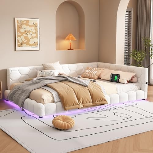 FEZTOY Polsterbett 140x200 mit LED und USB-Anschluss, Bettgestell mit Lattenrost,Tagesbett Schlafsofa Bett Bettsofa Gästebett Jugendbett Einzelbett, ohne Matratze (Weiß, 140x200)