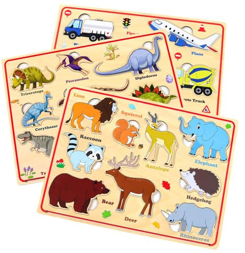 SHUCHING 3 Pcs Wooden Puzzles for Toddlers, Wooden Animal Magnets Fridge, Montessori Puzzles Toys, Great for Girls & Boys-Animal Dinosaur Vehicle