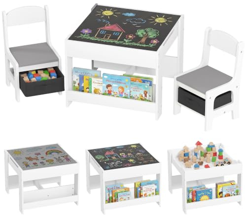 HOMCOM Ensemble 3 Pièces Table et 2 Chaises pour Enfant Gris | Plateau Table Réversible, Panier de Rangement, Tableau Noir, Étagères