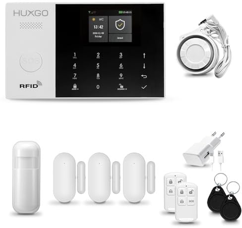 HUXGO® HXA005 Funk Alarmanlage Set WiFi + GSM mit Sirene | Alarm System mit Bewegungsmelder, 3X Tür- Fenstersensor, Fernbedienung | Wohnmobil Alarmanlage