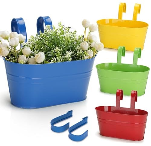 KINGLAKE 4 Stück 27CM Blumentöpfe zum Aufhängen Hängend, Bunt Blumentopf Metall,Große Hängetopf mit Abnehmbarem Haken und Loch, für Balkon, Zäune, Fenster, Geländer-27X 22X 12cm