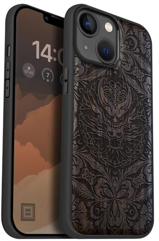 Carveit Magnetic Wood Case for iPhone 14 Case [Natural Wood & Black Soft TPU] Shockproof Protective Cover Unique Wooden Case Compatible with magsafe (Dragon's Gaze Mandala -Blackwood)