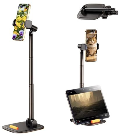 Wuhonghao Handyhalterung Tisch,Handy Halterung Verstellbare,Handyständer Küche für Videoaufnahmen,Phone Stand zum Filmen,Faltbarer Handyhalter Schreibtisch,Handy Ständer für Iphone 16 15 14 13(Schwarz