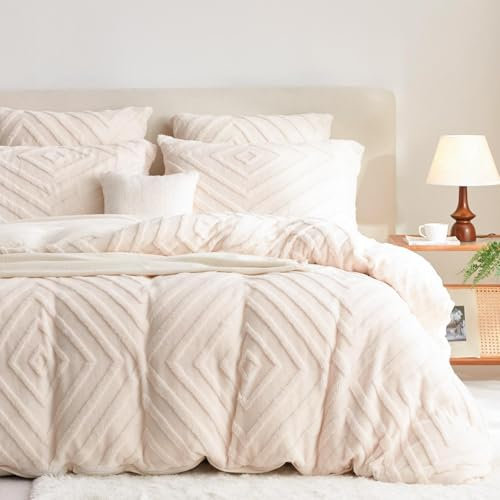 Freyamy Plüsch Bettwäsche Set 220x240cm Beige Getuftet Flauschig Winterbettwäsche Flanell Coral Fleece Cashmere Touch Deckenbezug Warme Bettbezug mit Reißverschluss und 2 Kissenbezug 80x80cm