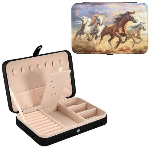 Mnsruu Schmuckkästchen aus Leder mit Pferd, Motiv: laufendes Pferd, Malerei, Halskette, Ring, Ohrringe, Organizer für Damen, Reise-Schmuck-Organizer