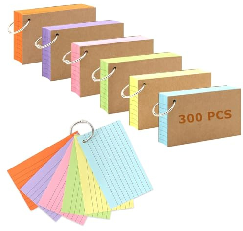 Linierte Karteikarten 300 Stück mit Metallring - A6 7,6 x 12,7cm Index Cards aus Kraftpapier für Zuhause, Büro, Arbeit, Schule - 6 Farben