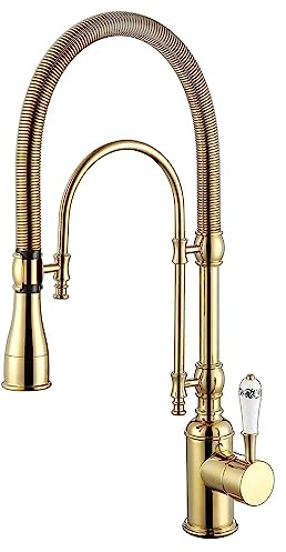Goldener Hochbogen-Küchenarmatur mit doppeltem Modus, ausziehbar, Chrom, mit Porzellanhebel, für Zuhause, Hotel, Wohnmobil