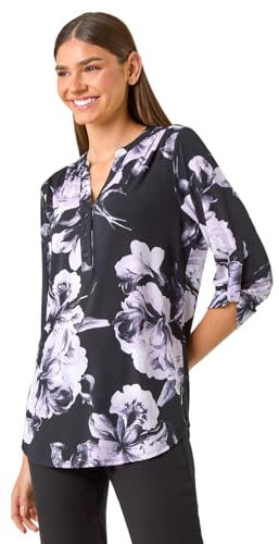 Roman Originals Shirt for Women UK Ladies Top Collarless Blouse Stretchy Tunic Smart Casual Autumn Winter Jersey 3/4 Length Sleeve Notch V Neck Flattering Office Work - Lilac Floral - Size 18