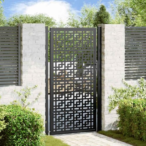 IKAYAA Puerta de Jardín 105x180 cm, Puerta para Valla con Sistema de Cerradura Acero Oxidado, diseño en Cruz