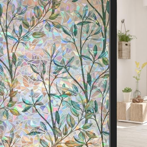 ConCus-T Stained Glass Window Film 3D Rainbow Glass Door Film Decorative Leaf Window Privacy Film Static Cling Reusable, 44.5 x 200 cmreusable