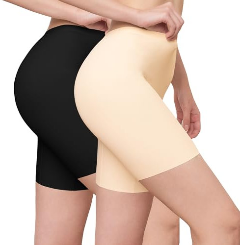 INNERSY Radlerhose Damen Seamless Radler Unterhosen Anti Chafing Shorts Hose für unter Kleid 2 Pack (L, 1 Schwarz/1 Beige)