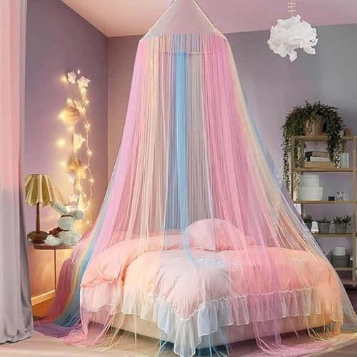 Funmo Betthimmel für Mädchen, Regenbogen Moskitonetz Himmel, bunt, (60 * 250 * 1200cm) Moskitonetz für Bett,Anti-Mosquito-Bed Canopy, Bettnetz zum Aufhängen für Camping, Haus, Garten