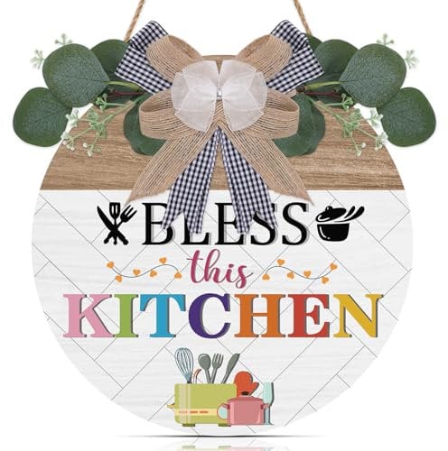 TOARTi Bless this Kitchen Sign,Kitchen Wall Art Rustic Wood Sign Round Hanging Decor with Ribbon Bow and Artificial Green Leaves Farmhouse Style Wall Art