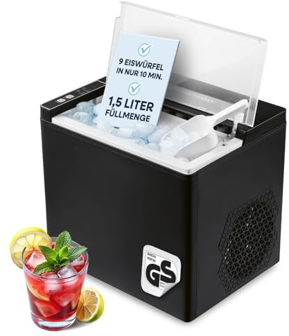 GOURMETmaxx Eiswürfelbereiter 150 Watt für Camping & Co. – kein Wasseranschluss nötig | Eiswürfelmaschine für zu Hause | Eiswürfelautomat inkl. Auffangbehälter & Eisschaufel | 12 kg pro Tag
