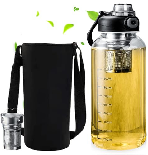 Borraccia in vetro, 1 litro riutilizzabile, bottiglia in vetro con custodia in neoprene e filtro in acciaio inox, bottiglia da tè con colino per sport, ufficio, scuola e attività all'aperto (nero)