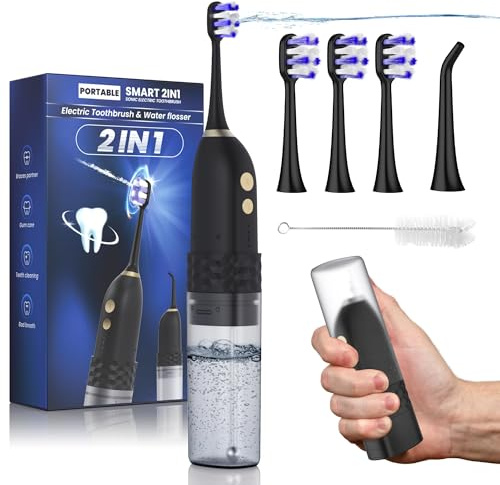 Spazzolino elettrico con filo interdentale, kit 2 in 1 per la pulizia dei denti, spazzolino da denti e filo interdentale, spazzolino da denti da viaggio con bottiglia d'acqua (nero)