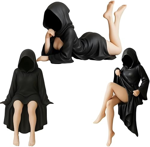 Aodejoy Mysteriöse Statue,15CM Gothic Königin mit Kapuze Kunstharz Halloween Figuren,Tischfigur,3D Skulptur eines Bücherregals,gruselige Sitzfigur,für Bücherregal,Tisch,Heimdekoration (3 Stück)