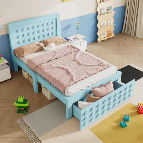 Merax Kinderbett 90x200cm, Einzelbett mit Schubladen, Holzbett mit Lattenrost und Unterm Bett Stauraum, Jugendbett mit Kreativem Block Design, Bettgestell aus Massivholz & MDF, ohne Matratze, Blau