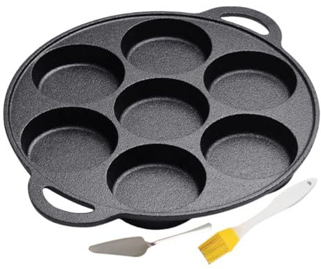 Generisch Pfannkuchenpfanne – 12.01 Zoll Gusseisen | Eisen Bratpfanne – 1500 g 7-Loch Antihaft Grillpfanne mit Spatel und Ölbürste für Eier Crêpes Pancakes Backen Kochen Küche