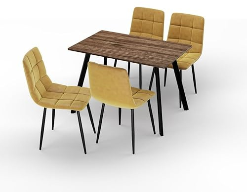 URBNLIVING 110cm Dining Table & 4 Velvet Chairs Set – Modern Metal Frame Kitchen Furniture, Contemporary Dining Room Set - Rustic Oak Table Curry Yellow Chair