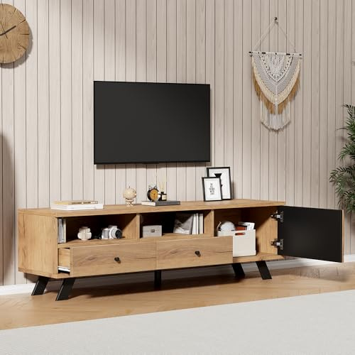 VIEKOS Mueble para TV, 150 x 38 x 44 cm, pequeño soporte para TV, armario con 2 cajones, armario bajo con un armario, 150 cm de ancho, adecuado para televisores de 60 pulgadas, armario de salón en