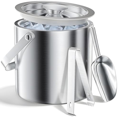 Huiguli 3L Eiswürfelbehälter mit Deckel, Edelstahl Eiskübel 100% BPA frei | 304 Edelstahl Doppelwandig mit Eisschaufel und Eiszange, für Bier, Wein, Sekt, Champagner und Obst bei Feiern