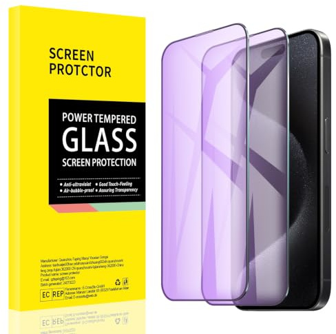 AKLPP 【2 Pack】 Tempered Glass Film Anti-Blue Light Screen Protector for iPhone 15 Pro, Anti-Glare, 9H, HD, Eye Protection, Scratch & Smudge-Resistant Surface, No Bubbles, Anti Fingerprint