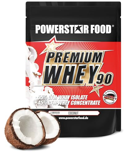 Powerstar Premium Whey 90 Protein-Pulver 850 g Low Carb Coconut - Eiweiß | 90% Protein i.Tr. - 60% CFM Whey Isolat und 40% CFM Konzentrat zum Muskelaufbau - Whey Eiweiss Pulver