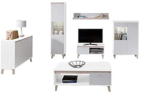 Mirjan24 Wohnzimmer Oviedo II, Elegantes Wohnzimmer-Set im skandinavischen Stil, Vitrine, Kommode, TV-Lowboard, Couchtisch, Wandregal, Komplett (Weiß Matt/San Remo Eiche Hell, ohne Beleuchtung)