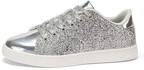 LUCKY STEP Damen Glitzer Sneaker | Schnüren Mode Schuhe | Glitzernde Bunt Turnschuhe für Damen (Silber, 9US-40EU-7UK)