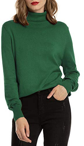 Woolen Bloom - Maglione da donna a collo alto, elasticizzato, in morbido tessuto a maglia fine, elegante, a maniche lunghe, per autunno e inverno verde militare L