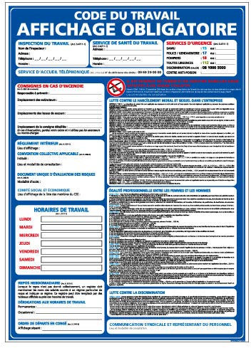 Panneau Affichage Obligatoire - Code du Travail - Protection anti-UV - Dimensions 210x300 mm - Plastique rigide PVC 1,5 mm