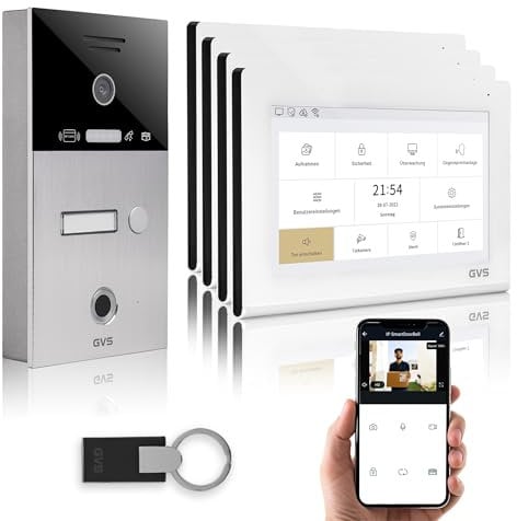 GVS - IP Video Türsprechanlage mit Türöffner, Fingerprint & RFID, HD Kamera, 4X 7 Zoll Monitor & App - Smarte Video Türklingel mit Kamera & Gegensprechanlage für 1 Familienhaus (AVS4474A)