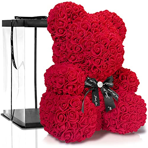 ROSEBEAR Blumenbär mit Geschenkbox - Rose Bear aus ewigen Rosen in voller Farbe - Geschenk für Ihn & Sie zum Jahrestag Geburtstag Muttertag Hochzeitstag (40 cm Rot mit Schleife)