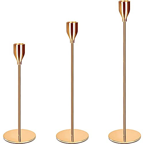 Amzeeniu Kerzenständer Gold 3 Set Hochzeit Kerze Stand Hoch Kerzenleuchter für ø2.2cm Stabkerze,in Unterschiedlicher Größe,für Hochzeit Deko Tabelle Geburtstag Abendessen Kerzenhalte Vintage Deko
