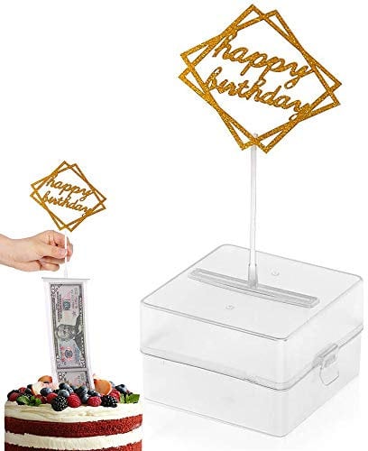 The Money Cake, Cake Money Box-Cake Money Pull Out Kit Includes 1Pc Clear Food-Contact Safe Box, 1Pc Gold Cake Topper, 20Pcs Pockets for Birthday Party Cake Decorations, Money Box for Cake Pull Out