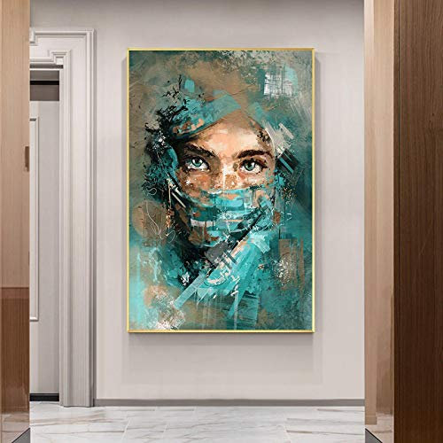 Visage de femme abstrait avec affiche d'art mural en toile voile vert et impressions peinture portrait de femme photos pour salon 40x50cm (16x20in) sans cadre