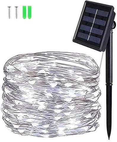 BOLWEO Solar String Lights, 50 LED 5M Sliver Wire Solar Fairy Light,Waterproof Garden Lights for Patio Fence Camping Outside Wedding Party Festival Christmas Decor (Cool White)