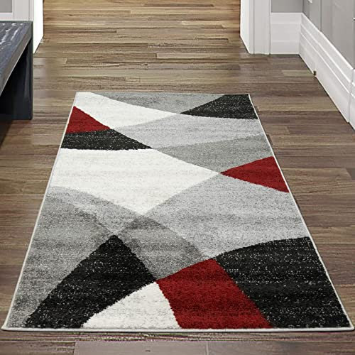 Teppich-Traum moderner Läufer für schmalen Gang Wohnzimmerteppich mit abstraktem Muster grau rot, Größe 80x140 cm