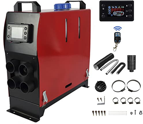 Chauffage Diesel 24V 5KW Réchauffeur de Stationnement avec Télécommande et Interrupteur LCD, Kit de Réchauffeur D'air Tout-en-un pour Maison SUV Camions Camping-Cars VR,Rouge,4 Holes