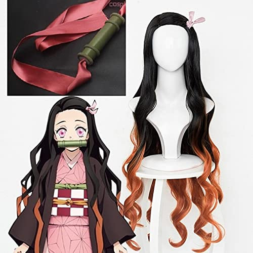 Kamado Nezuko Cosplay Perücke Hitzebeständige Kunsthaarperücken + Perückenkappe + Bambus Requisiten Versiegelungsstab Perücke und Stick 2