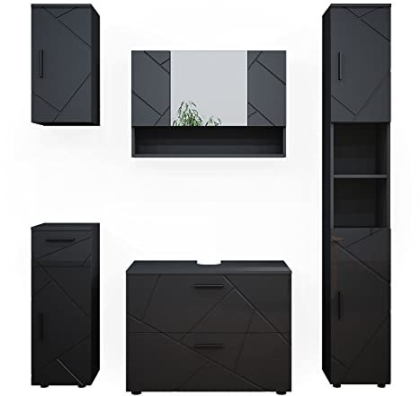 Vicco Badmöbel-Set Irma, Badezimmerschrank-Set, Anthrazit Hochglanz, 5 Teile